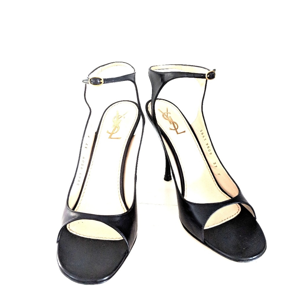 YSL open toe black leather stiletto sandals